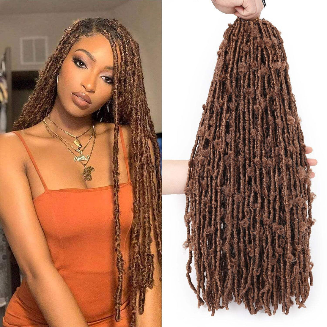 African Butterfly Twist Braids, long brown synthetic loc extensions with a textured, curly twist pattern and natural-looking finish.