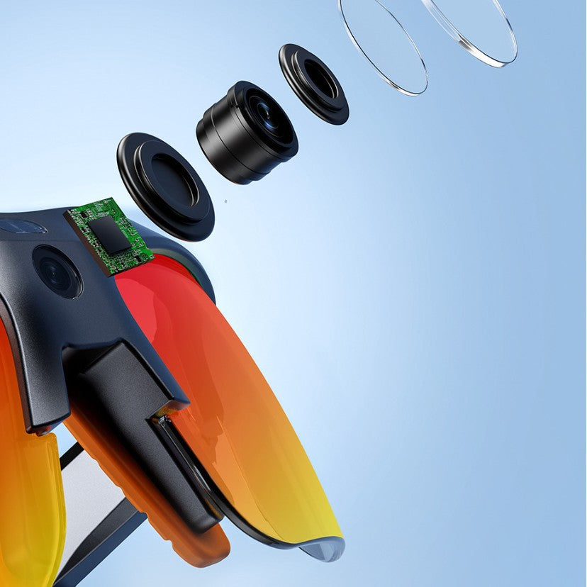 AI Smart Cycling Glasses with a black frame and vivid orange-red mirrored lenses in a sporty wraparound design
