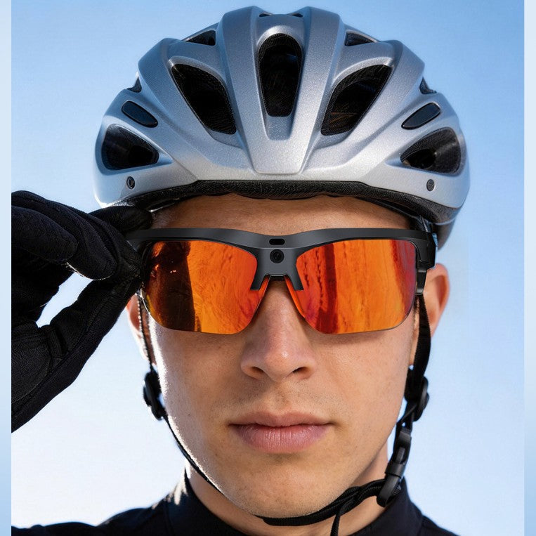 AI Smart Cycling Glasses with a black frame and vivid orange-red mirrored lenses in a sporty wraparound design
