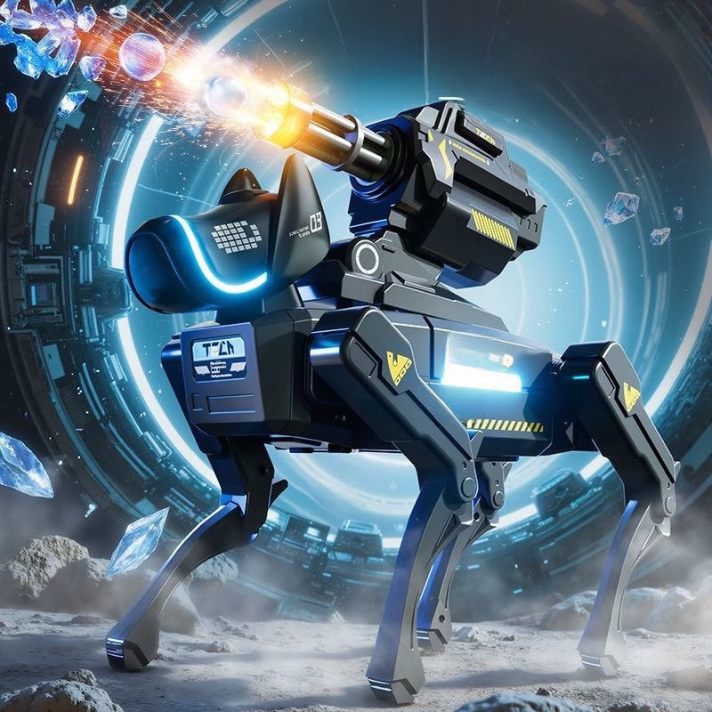 Ai Smart Robot Dog in glossy black plastic with silver legs, yellow tech markings, blue-lit face and mounted cannon feature

