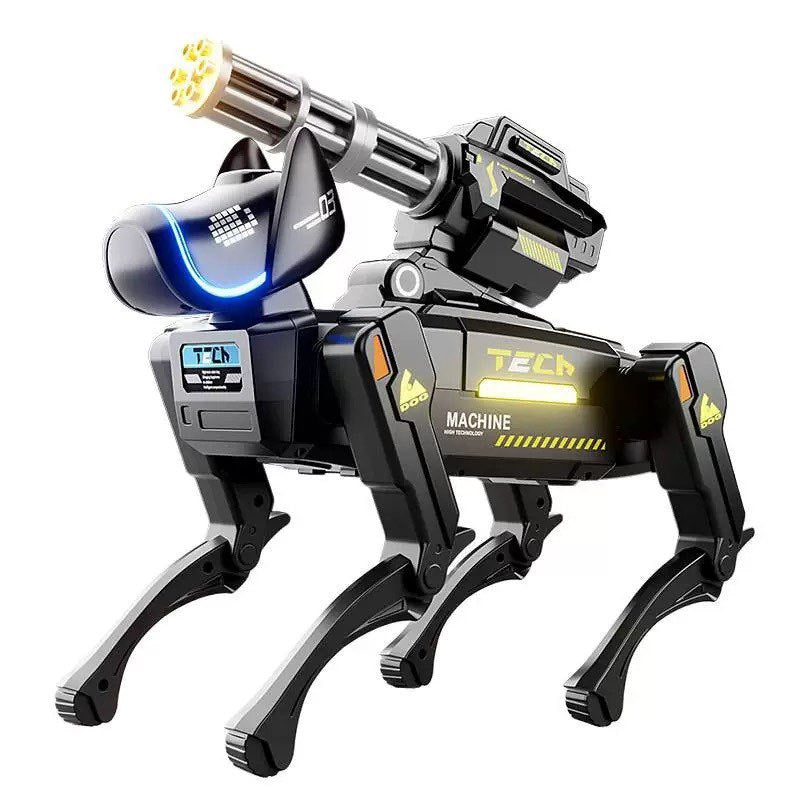 Ai Smart Robot Dog in glossy black plastic with silver legs, yellow tech markings, blue-lit face and mounted cannon feature
