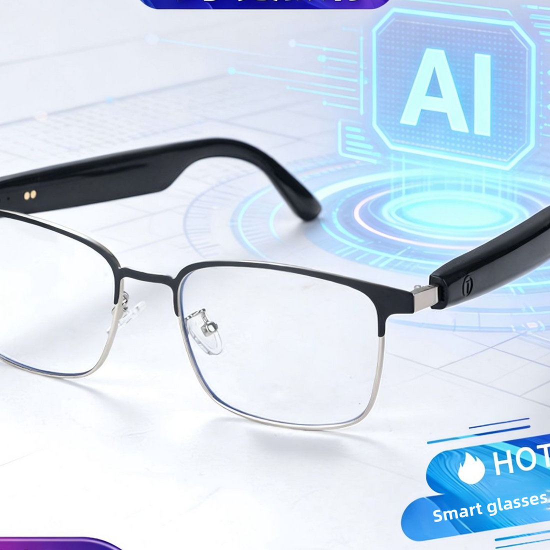 AI Translation Bluetooth Smart Glasses with black frames, clear lenses, slim temples and silver hinge accents.