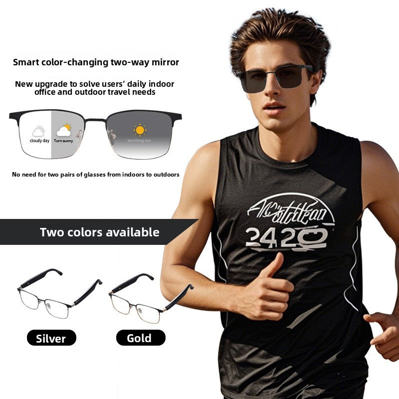 AI Translation Bluetooth Smart Glasses with black frames, clear lenses, slim temples and silver hinge accents.