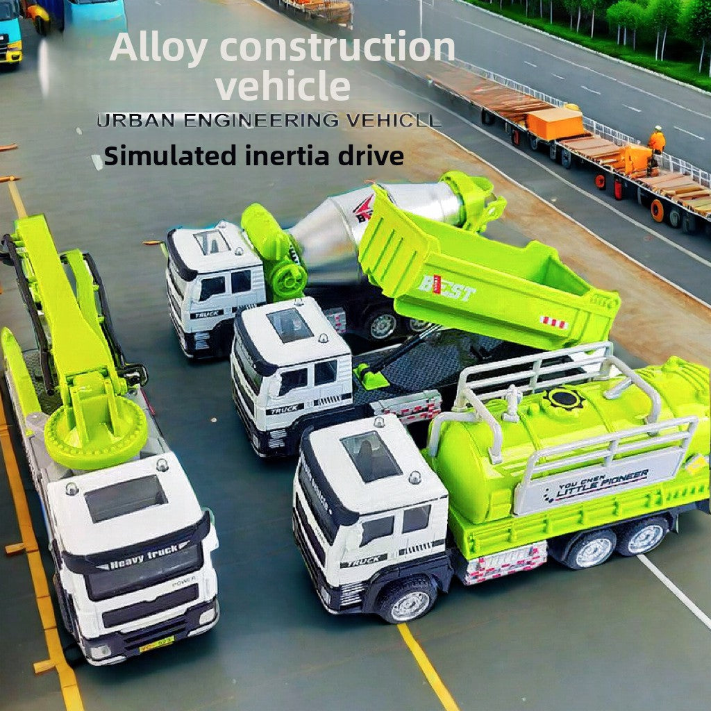 Alloy Engineering Vehicle toy trucks in white and neon green, with plastic and alloy bodies and crane, mixer, dump and utility features
