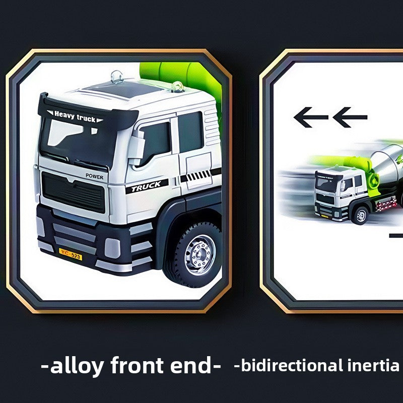 Alloy Engineering Vehicle toy trucks in white and neon green, with plastic and alloy bodies and crane, mixer, dump and utility features
