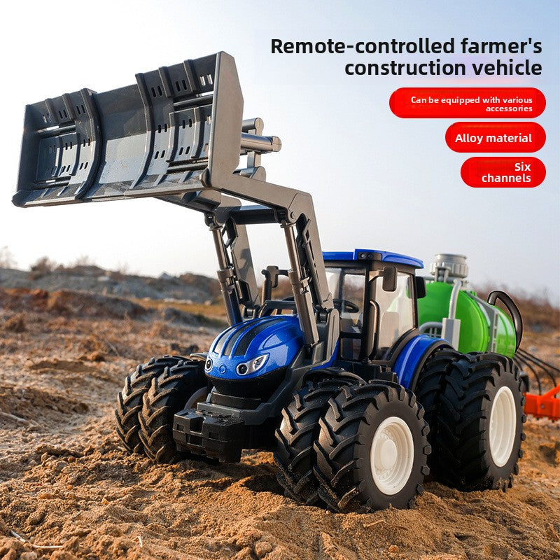 Alloy Remote Control Farm Tractor Toy, glossy blue and black with metal-style body, six oversized treaded tires and white hubs