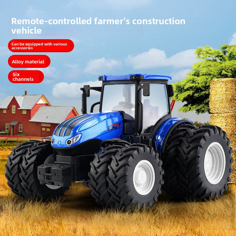 Alloy Remote Control Farm Tractor Toy, glossy blue and black with metal-style body, six oversized treaded tires and white hubs