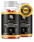 Alpha Bites Nitric Oxide Gummies in clear bottles with red gummies, black-and-gold labels, and white caps.
