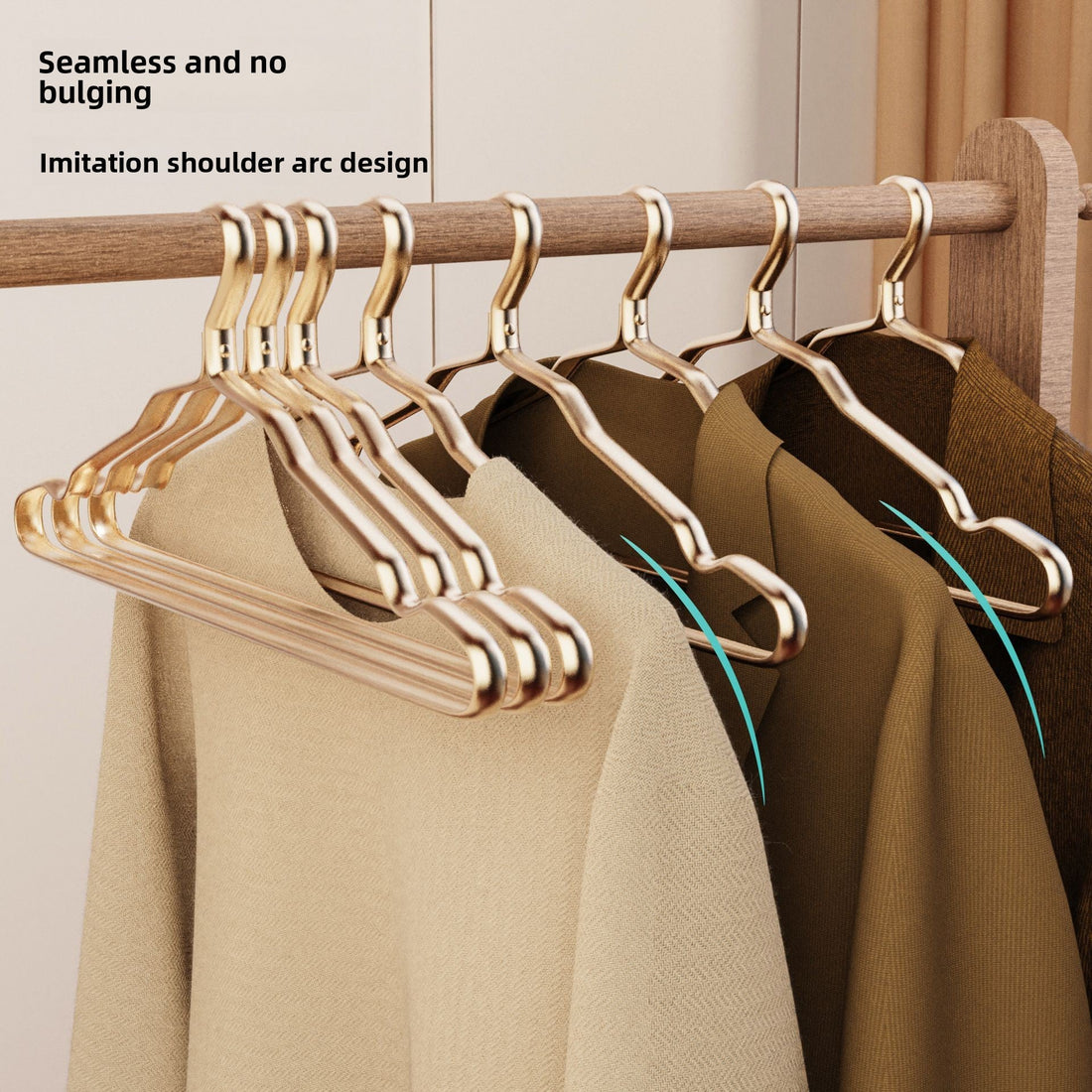 Aluminum Clothes Hanger in rose gold metal, with a slim frame, curved hook and grooved non-slip shoulders.