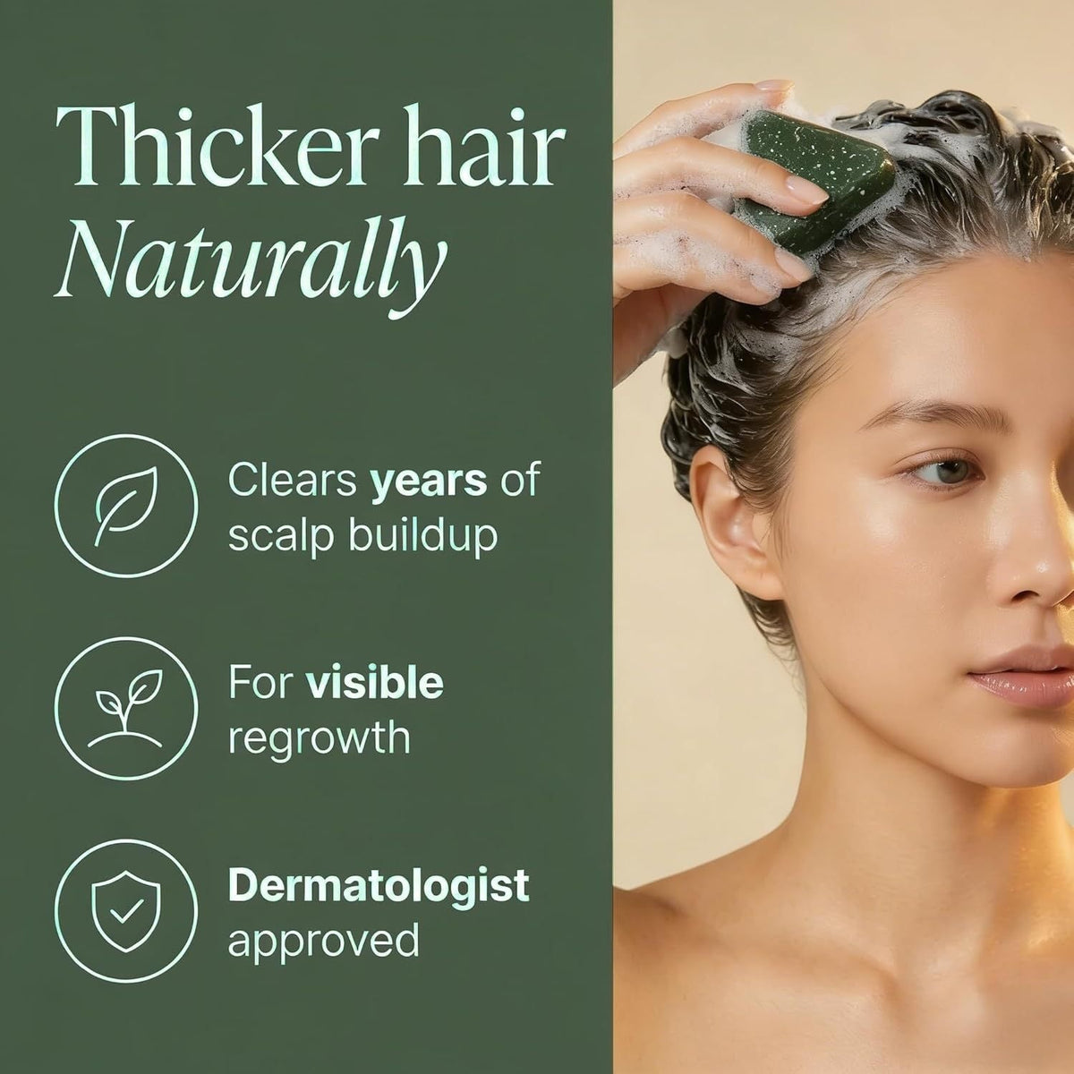 Anti-Hair Loss Shampoo Bar shown as a dark green rectangular bar being lathered into a woman's wet hair