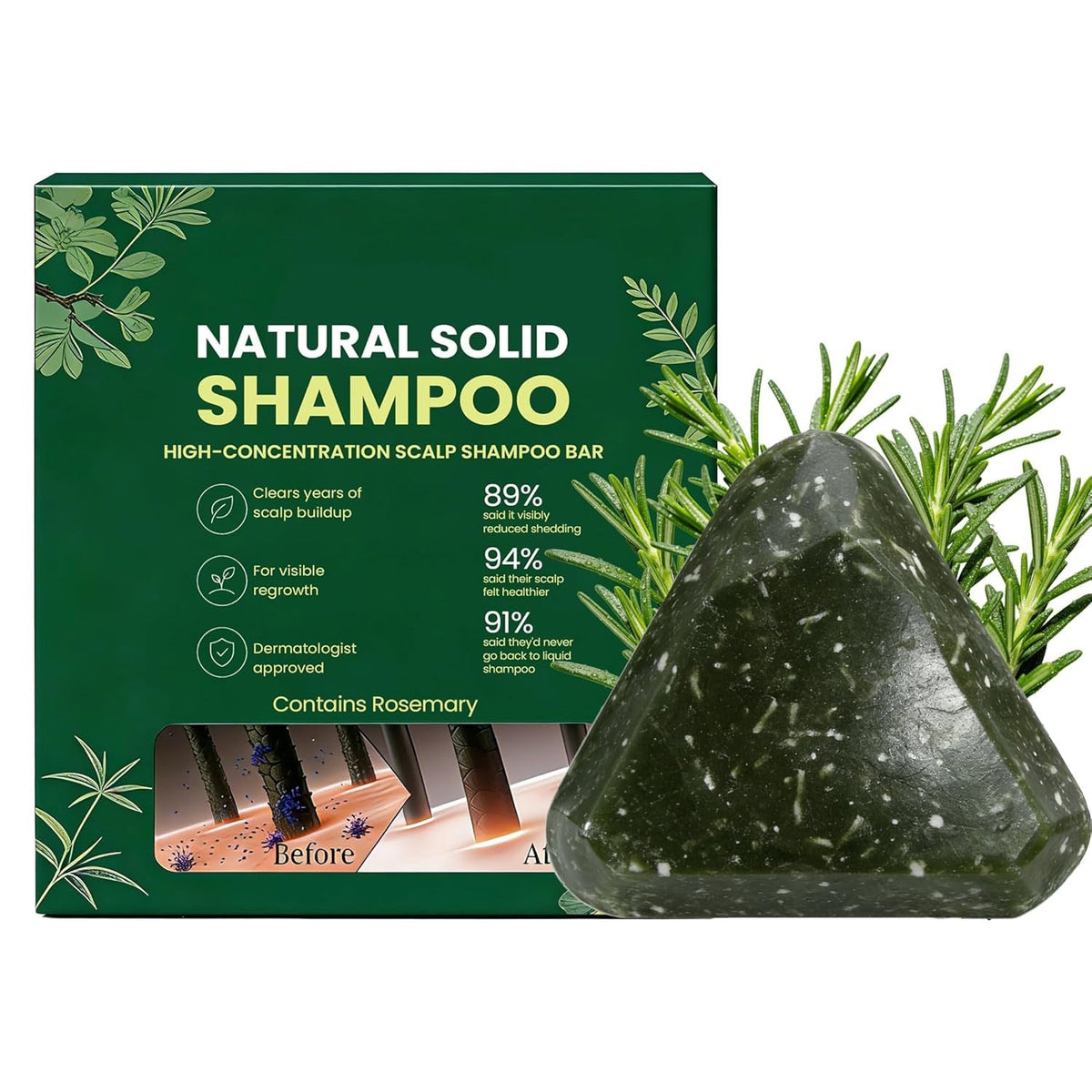 Anti-Hair Loss Shampoo Bar in a dark green triangular solid bar with botanical flecks, paired with green packaging