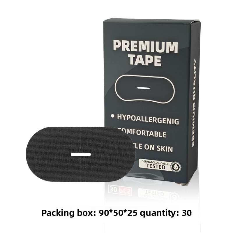 Anti Snoring Mouth Tape in black cotton with a central breathing slit, shown with a premium box of 30 strips