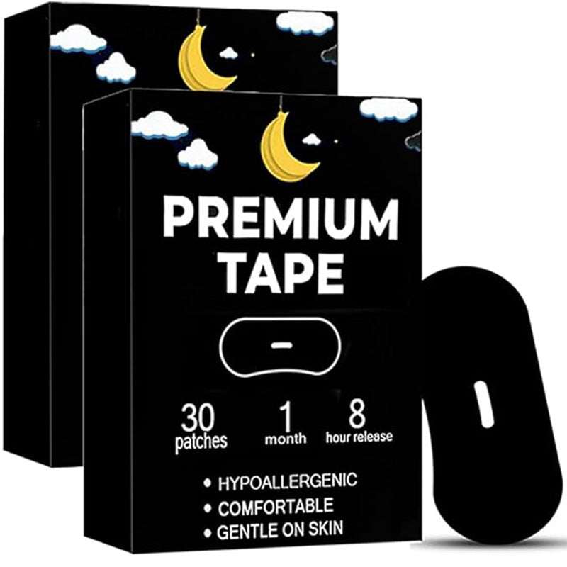 Anti Snoring Mouth Tape in black cotton, shown with black packaging decorated with clouds and a yellow moon