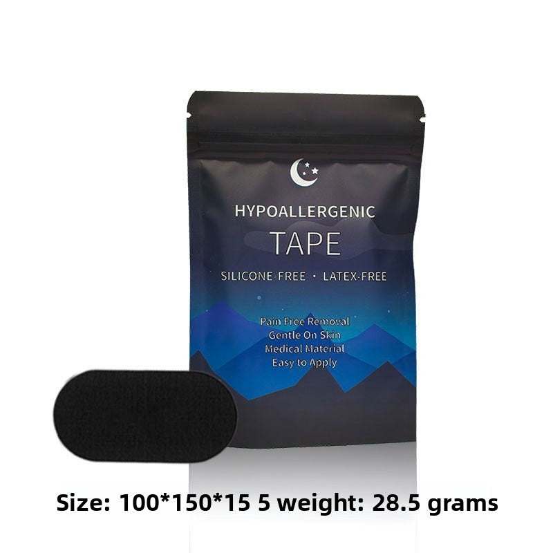 Anti Snoring Mouth Tape with a black rounded cotton strip and dark blue hypoallergenic packaging marked silicone-free and latex-free