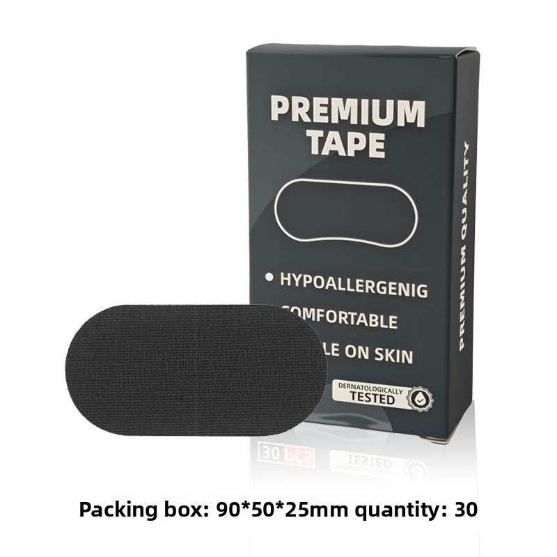 Anti Snoring Mouth Tape in black, with a rounded rectangular shape and textured cotton surface, shown with a premium box
