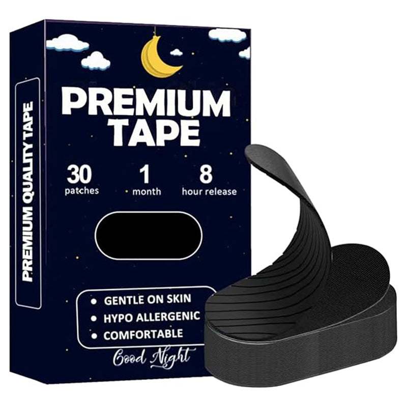 Anti Snoring Mouth Tape in black, with curved adhesive patches and dark packaging featuring a moon and stars