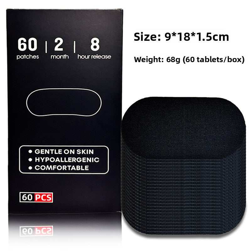 Anti Snoring Mouth Tape in black fabric, shown as stacked rounded rectangular strips beside a 60-piece box