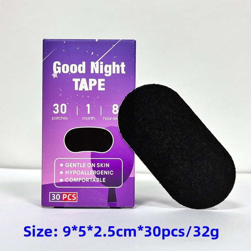 Anti Snoring Mouth Tape with a black oval cotton patch beside a purple Good Night Tape box labeled 30 pieces