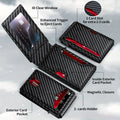 Anti Theft Blocking card holder in black carbon-fiber-patterned material, with an ID window, red card ejector and magnetic closure
