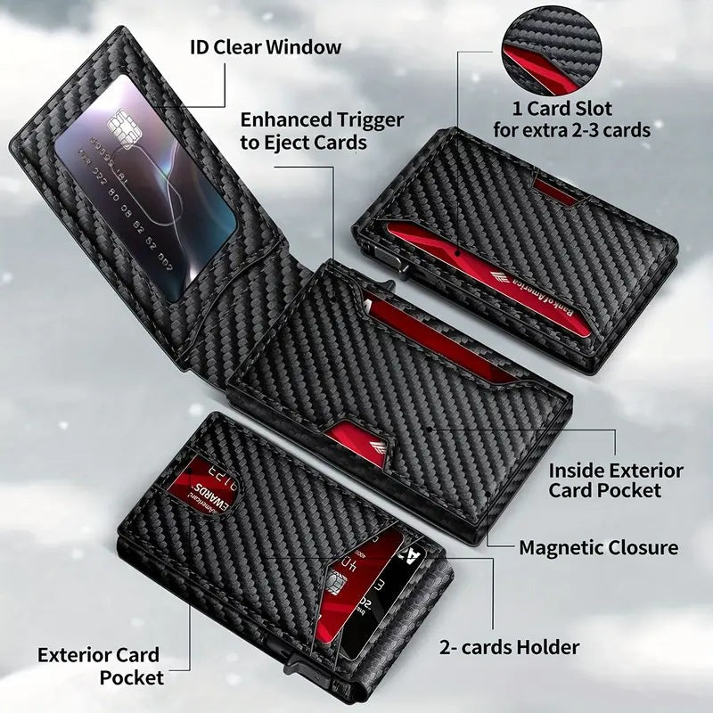 Anti Theft Blocking card holder in black carbon-fiber-patterned material, with an ID window, red card ejector and magnetic closure