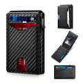 Anti Theft Blocking card holder in black carbon fiber-patterned finish, with visible cards and a slim automatic eject button