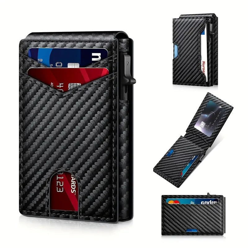 Anti Theft Blocking card holder in black carbon fiber-patterned finish, with visible cards and a slim automatic eject button