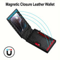 Anti Theft Blocking card holder in black carbon fiber-patterned leather with magnetic closure and visible card slots