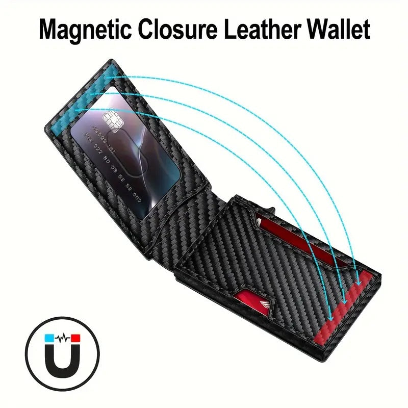 Anti Theft Blocking card holder in black carbon fiber-patterned leather with magnetic closure and visible card slots