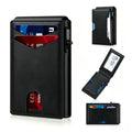 Card holder in black leather with contrast stitching, layered card slots, side eject lever and front oval window. Anti Theft Blocking design