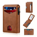 Anti Theft Blocking card holder in smooth brown leather, featuring stitched pockets, an ID window and an automatic card ejector