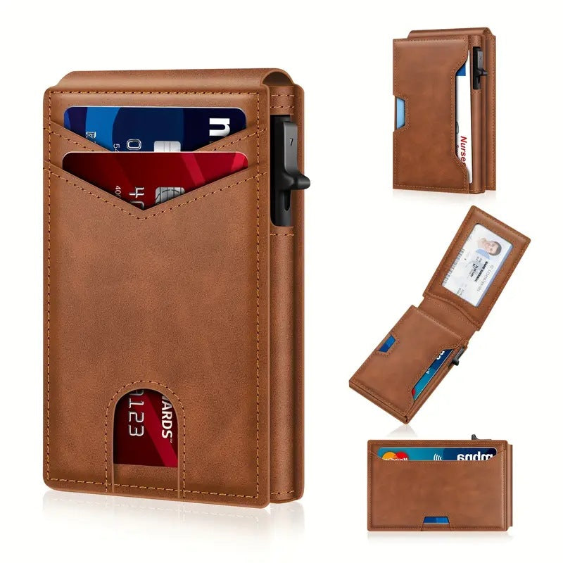 Anti Theft Blocking card holder in smooth brown leather, featuring stitched pockets, an ID window and an automatic card ejector