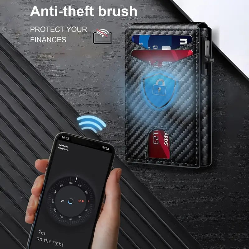 Card holder with carbon-fiber-patterned black exterior, visible card slots and sliding eject mechanism, featuring Anti Theft Blocking protection.