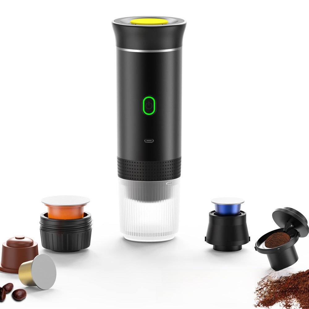 Automatic Capsule Espresso maker in black with a white water chamber, green power button, yellow top button and interchangeable coffee adapters