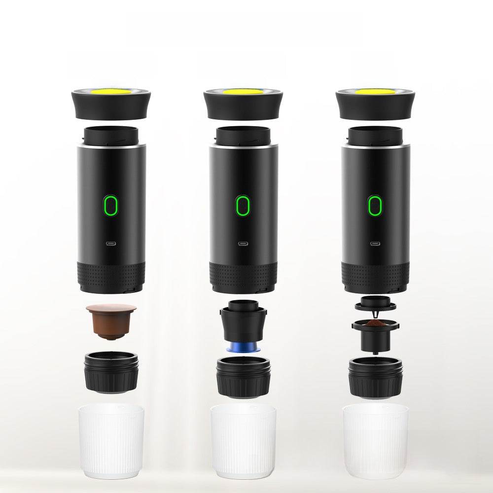 Automatic Capsule Espresso maker in black with yellow-rimmed top, green digital display and modular brewing parts