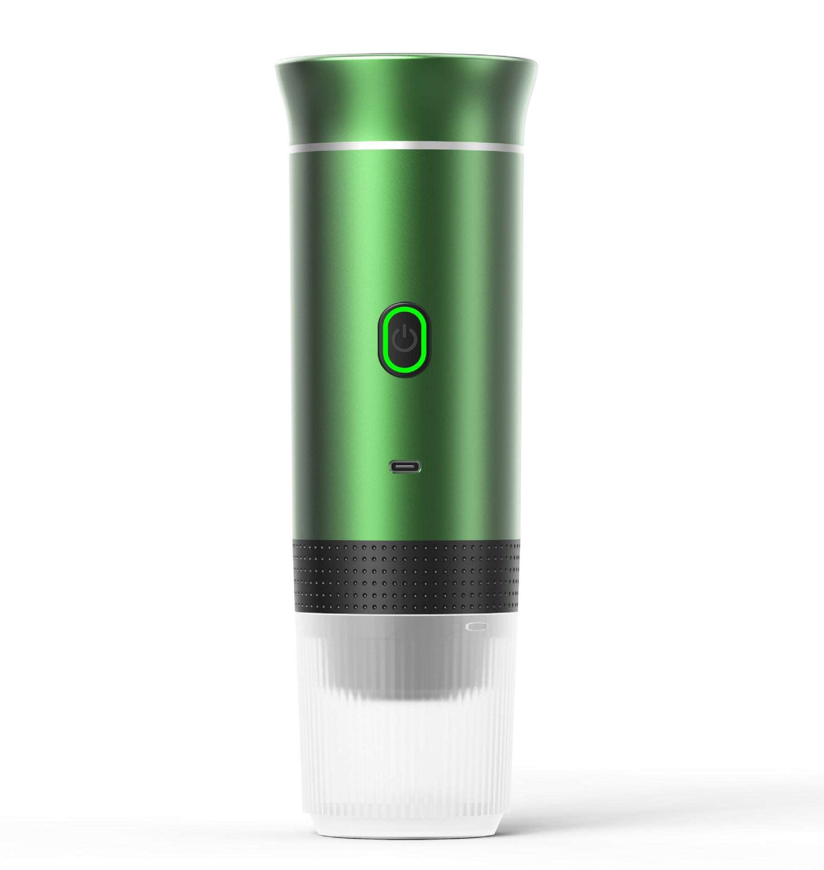 Automatic Capsule Espresso maker with a metallic green cylindrical body, black textured band, and clear ribbed base
