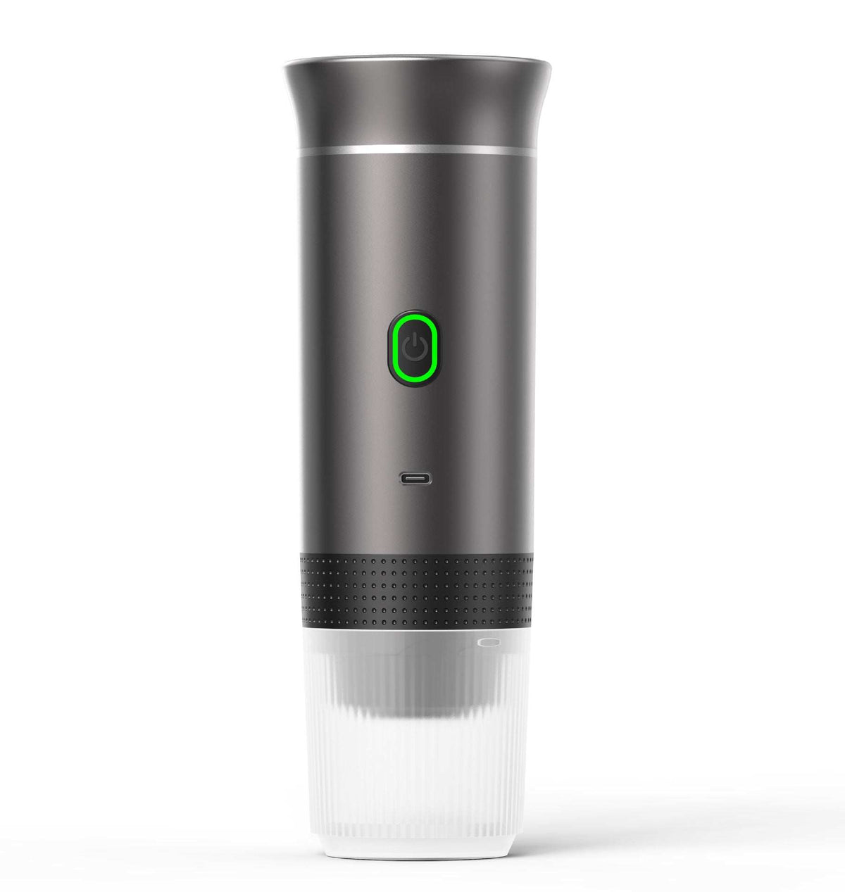 Automatic Capsule Espresso maker in metallic gray with a tall cylindrical body, green-lit power button and clear cup base
