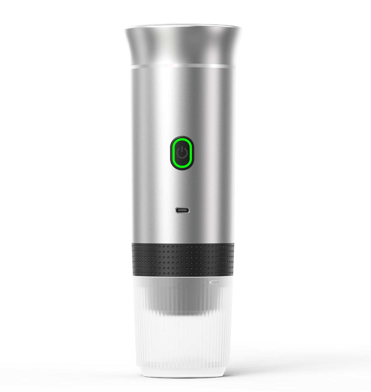 Automatic Capsule Espresso maker in silver stainless steel with a tall cylindrical body, green-ringed power button and ribbed base