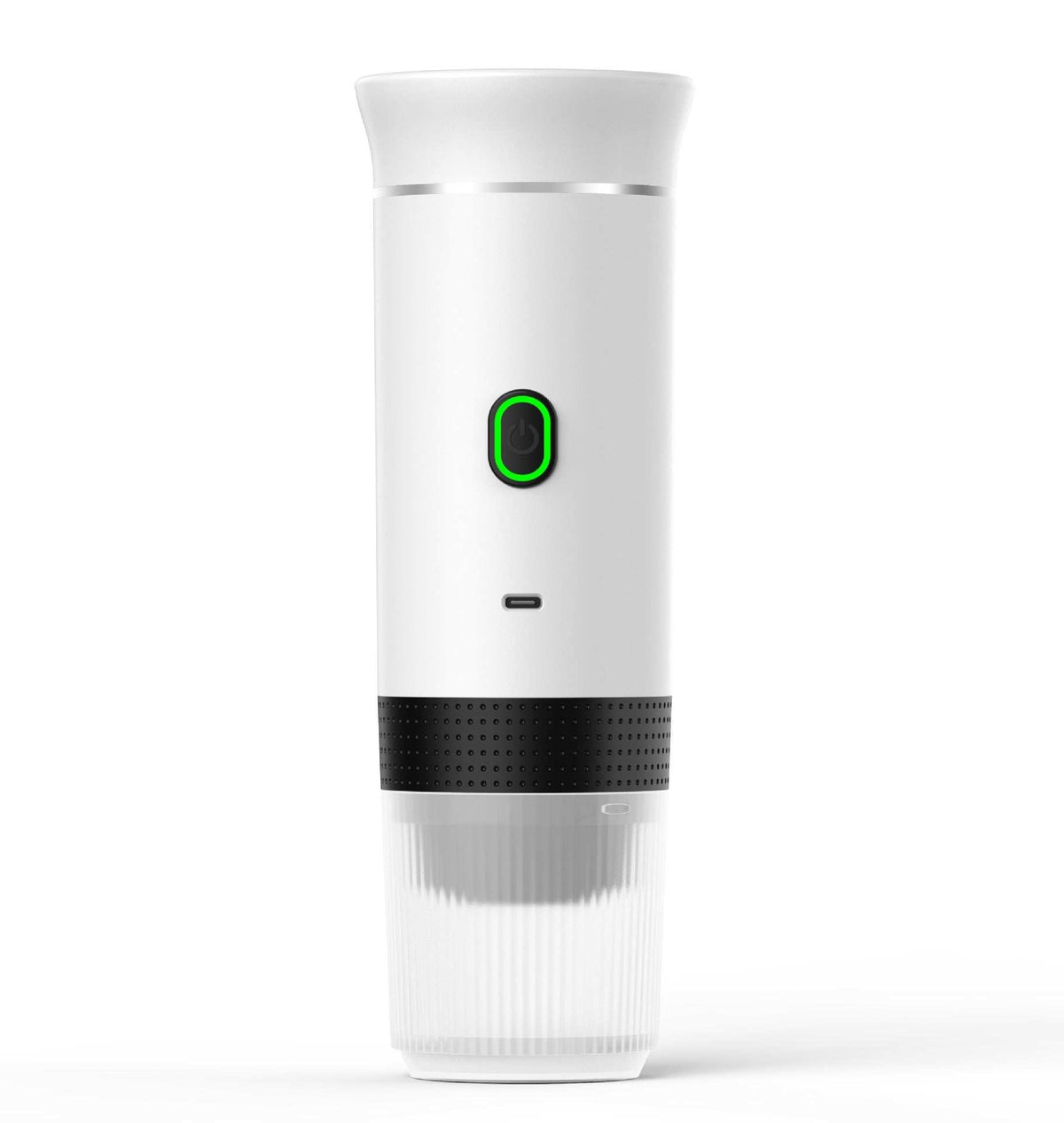 Automatic Capsule Espresso coffee maker in white plastic with a black perforated band, green-ringed button and clear cup