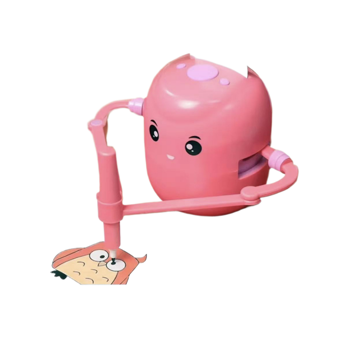 Automatic Drawing Robot in glossy pink plastic, with a friendly face, articulated arms, and a drawing pen poised over a card.