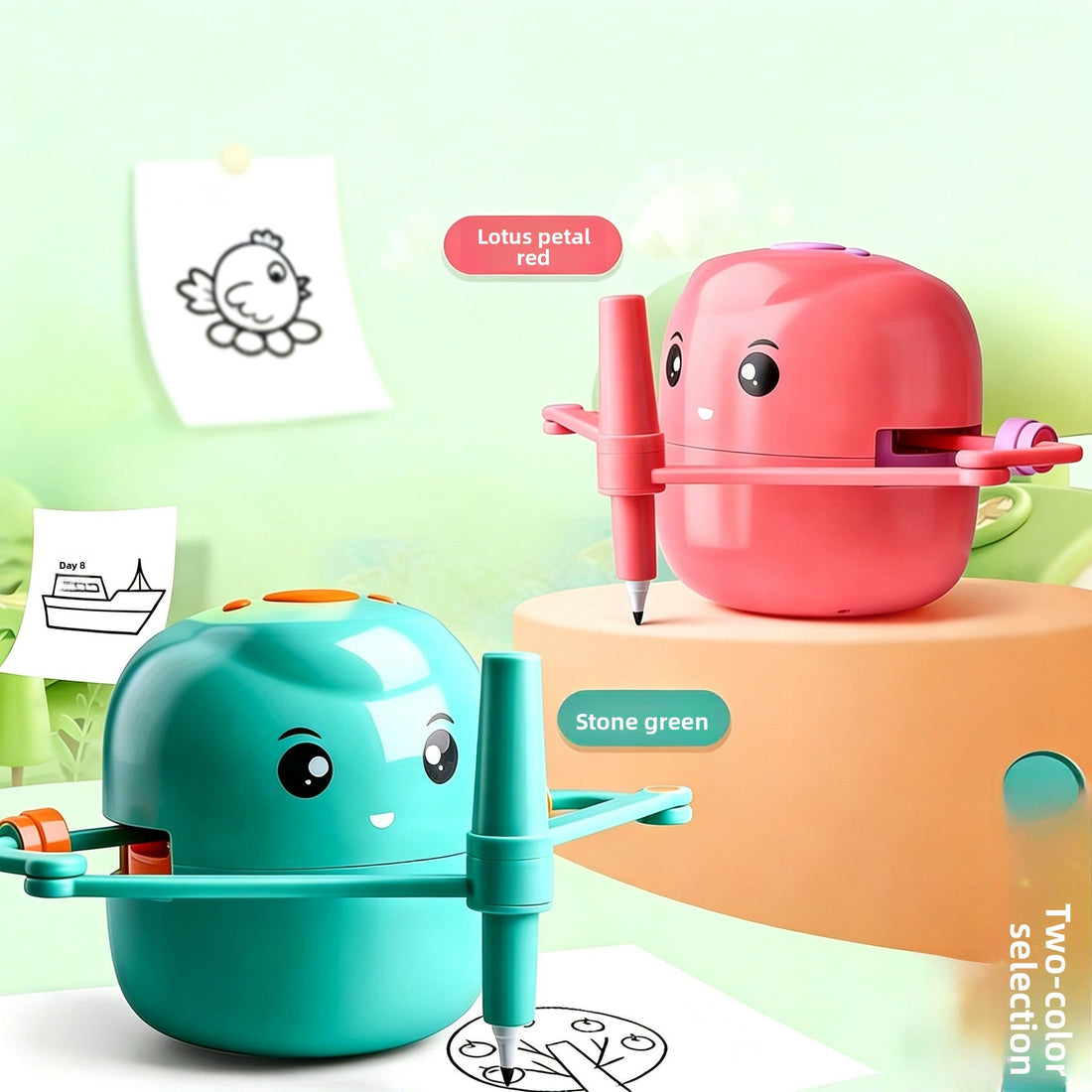 Automatic Drawing Robot in glossy pink plastic, with a friendly face, articulated arms, and a drawing pen poised over a card.