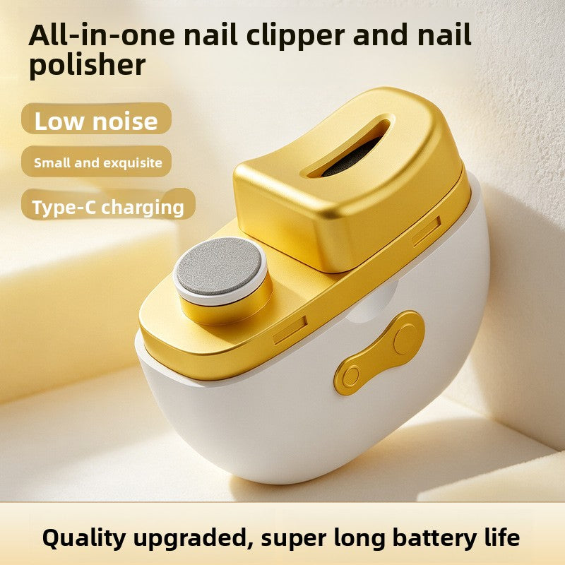 Automatic Electric Nail Trimmer with a white and gold plastic body, rounded shape, raised grinder pad and top nail slot