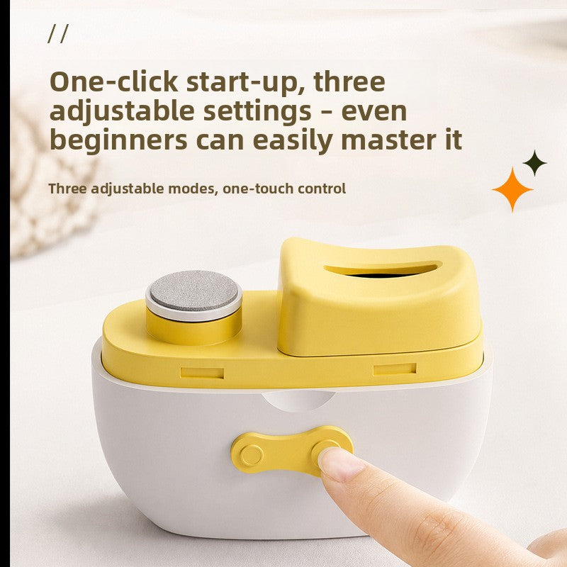 Automatic Electric Nail Trimmer with a white and gold plastic body, rounded shape, raised grinder pad and top nail slot