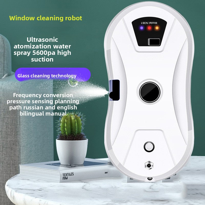 Automatic Electric Window Cleaning Robot with a white plastic oval body, black control panel, central circular sensor and spray nozzle
