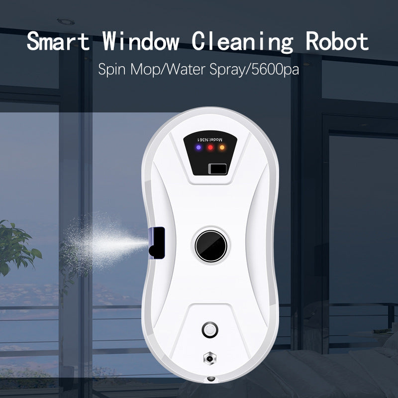 Automatic Electric Window Cleaning Robot with a white plastic oval body, black control panel, central circular sensor and spray nozzle
