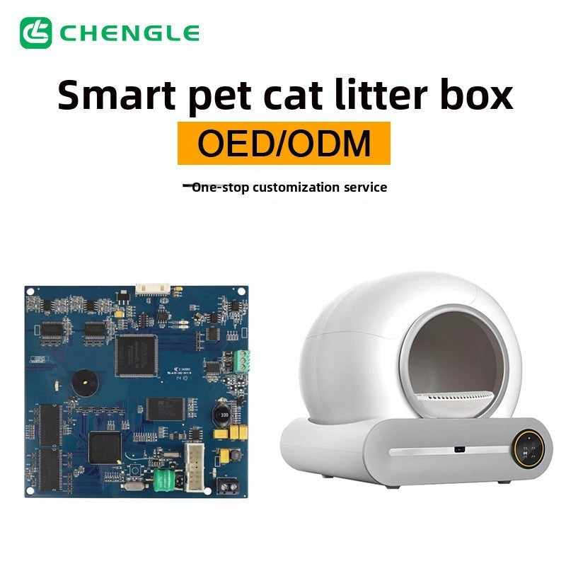 Automatic Pet Litter Box with a white rounded enclosed body, front entrance, and circular control display beside a blue circuit board.