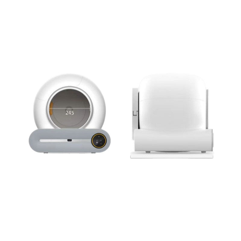 Automatic Pet Litter Box in smooth white plastic with a rounded enclosed chamber, gray front panel, and circular display