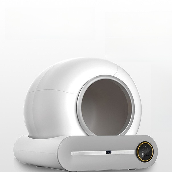 Automatic Pet Litter Box in smooth white plastic with a rounded enclosed drum, circular entrance and front control panel
