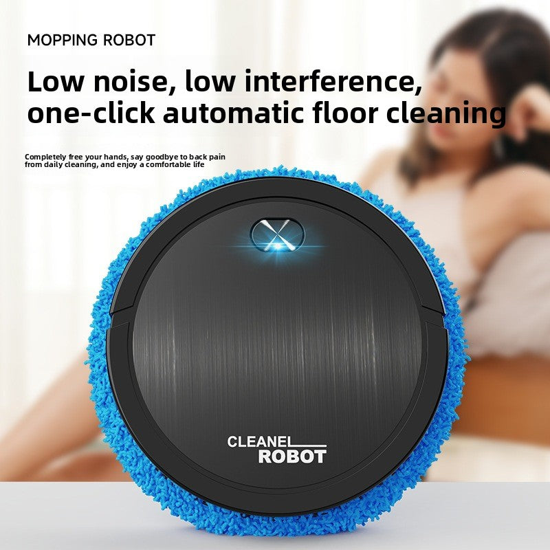 Automatic Wet Dry Mopping Robot with a round white plastic body, blue microfiber fringe pad, and metallic blue control button.
