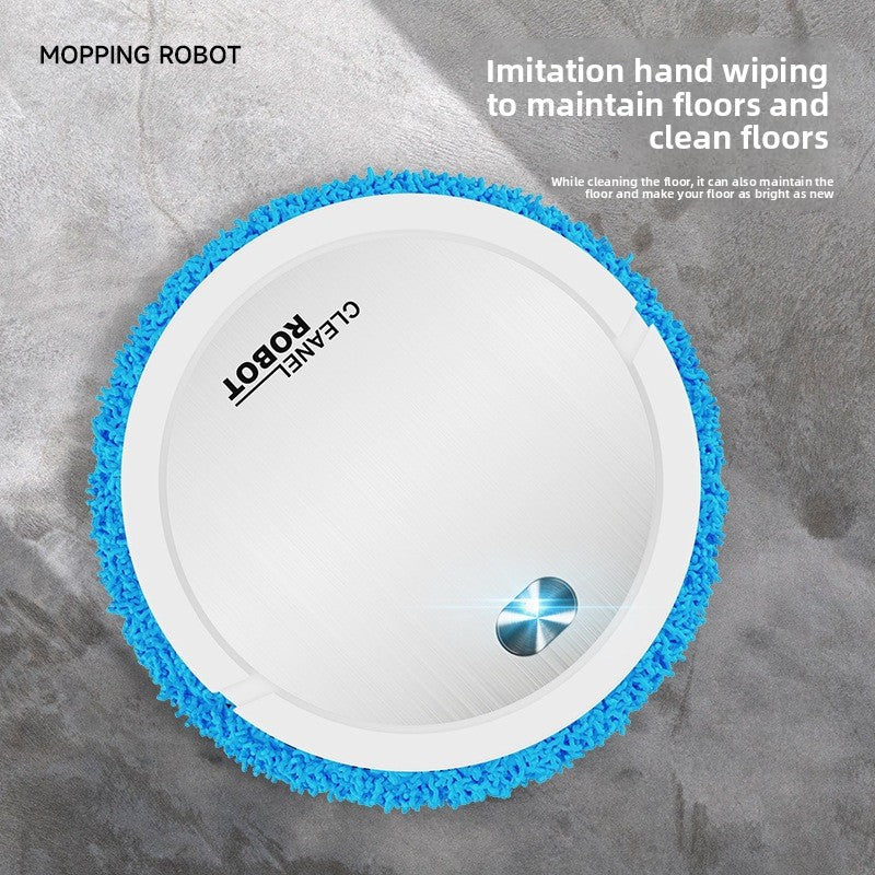 Automatic Wet Dry Mopping Robot with a round white plastic body, blue microfiber fringe pad, and metallic blue control button.