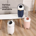 Baby Deodorant Diaper Disposal Pail in navy, white, and pale pink plastic, with rounded bodies and open flip-top lids